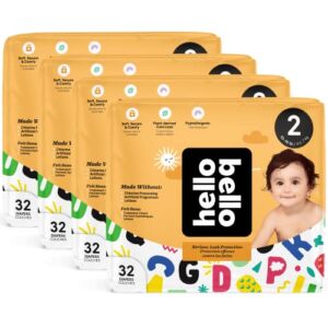 Hello Bello Premium Baby Diapers I Affordable Hypoallergenic and Eco-Friendly Absorbent Diapers for Babies and Kids I Size 2 I Alphabet Design I 128 Count (4 Packs of 32)