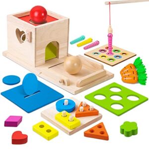 6-in-1 Wooden Play Kit Montessori Toy, Object Permanence Box, Coin Box, Carrot Harvest, Catch Worm, Shape Sorter – Toddler Learning Toy for Kid Age 1, 2, 3 Year Old, Girl boy Gift for Baby 6-12 Month