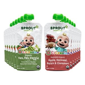 Sprout Foods CoComelon Sprout Organic Baby Food, Yes Yes Veggie, Apple Oatmeal Raisin, Variety Pack, 3.5 Oz (Pack of 12)