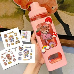 30 OZ Kawaii Water Bottle with Straw Stickers Cute Girls Kids Water Bottles with Adjustable Shoulder Strap & 3D Stickers, BPA Free Square Drinking Bottle Leakproof Water Jug for School (Pink – 30 oz)