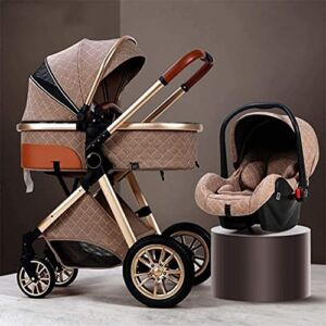 3 in 1 Baby Strollers, Portable Baby Carriage,Foldable Pram Strollers,Two-Way Implementation,Damping Wheels,Pushchair with Mommy Bag and Rain Cover (Color : Khaki)