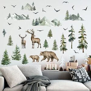 Mountain Wall Decals Large Pine Tree Wall Decals Peel and Stick Forest Tree Deer Birds Animal Wall Decals Mountain Tree Wall Stickers for Kids Room Nursery Decor