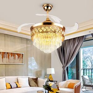 BIGBANBAN 42″ Crystal Ceiling Fan with Light Remote Control Luxury Gold Chandelier with Fan 3 Color LED Light 3 Speeds Modern Retractable Fandelier Fan with Silent Motor for Bedroom