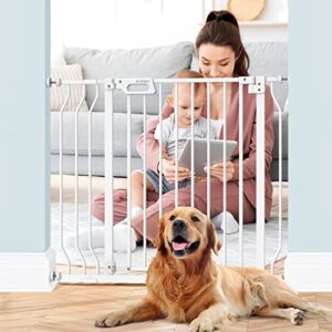 ILAYIJIA Baby Gate for Stairs and Door Ways, Dog Gates for The House 29″ to 39″ with Auto-Close, Pet Gate for Indoor with Wall Protectors and Extenders, No Drilling (White)