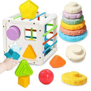 PRAGYM Montessori Toys for 1 Year Old, 2 in 1 Baby Toys 6 to 12 Months, Shape Sorter Toys with 10 Pcs Sensory Blocks&Stacking Toys, Baby Boy Girl Gifts for Learning/Christmas/Birthday/Teething/Travel