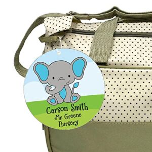 Personalized Blue Elephant Diaper Bag Tag – Children’s Nursery or Daycare Diaper Tote Backpack Identifier Tag with Custom Name