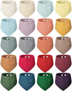 Foaincore 20 Pcs Muslin Baby Bibs Bandana Drool All Cotton Bibs for Baby Boy Girl Adjustable Neutral Colorful Newborn Bibs for Teething and Drooling, 20 Colors