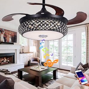 Efperfect 42″ Smart Fandelier Ceiling Fan with Lights Bluetooth Speaker, Modern Retractable Blades Crystal LED Chandelier Fans with Remote Control, 7 Color Dimmable,3 Speeds, Black Fan Fixtures