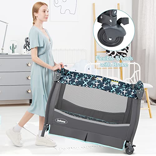 INFANS Baby Pack and Play, Portable Nursery Center with Bassinet Crib Mattress, Changing Table, Infant Foldable Playard with Removable Canopy, Lockable Wheels, Glowing Music Box, Storage Bag (Blue) | The Storepaperoomates Retail Market - Fast Affordable Shopping