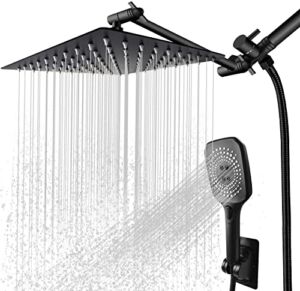 Rain Shower Head with Handheld High Pressure 3 Settings 10 and 5 Inch Big Heads with Extender Arm Hose Water Diverter Strong Adhesive Holder SUS304 Stainless Steel Matte Black