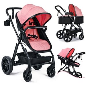 Baby Stroller Infant Bassinet Stroller Toddler Reversible Seat Pram Foldable Pushchair with Adjustable Canopy Backrest and Pusher, Suspension Wheels Fit All Terrains, Cup Holder (Pink)