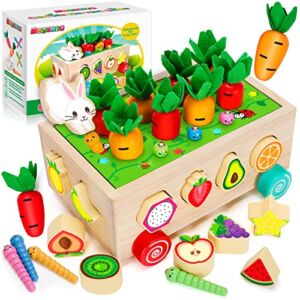 Montessori Toys for 2,3,4 Year Old Baby Boys and Girls, Carrots Harvest Game, Wooden Shape Sorting Toys Gifts for Toddlers, Kids Age 1-3, Wood Preschool Learning Fine Motor Skills Game