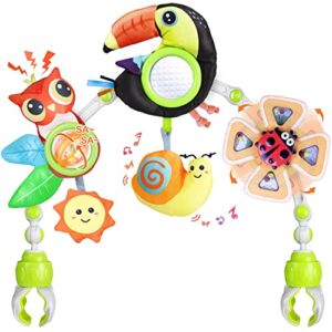 Baby Stroller Arch Toy with Rattle, Crinkle Sound, Mirror & Music Toy, Baby Travel Play Arch Suction Cup Fidget Spinner Toys for 0-6 Months, Newborns Adjustable Toucan Sensory Activity Carrier Toy