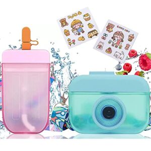 2 Pieces kawaii Water Bottles with Straw and Strap, Cute Plastic Camera Ice Cream Popsicle Cartoon Water Bottle Leakproof Kids Water Cups Juice Drinking Bottle for School Girls Kids Summer Outdoor