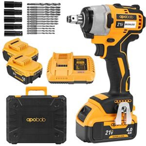 Cordless Impact Wrench 1/2 Inch Max Torque 310 Ft-lbs Max Torque(420N.m), Apobob Brushless Motor Drill/Driver with 5 Sockets & 13 Driver Bits, Power Impact Wrench with 2 Batteries & Charger, 21V/4.0Ah