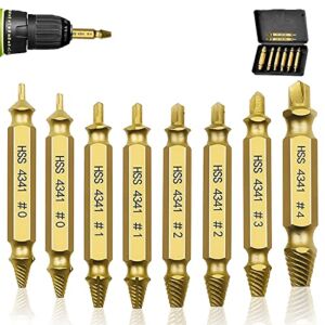 8 Pcs Damaged Screw Extractor Kit, AAHGGBA HSS 4341 Material Damaged & Stripped Screw Extractor Set For Easily And Quickly Remover Common Sizes of Broken Tool and Gold Drill Bit Set- Titanium