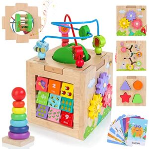 Kizfarm 8-in-1 Wooden Activity Cube Montessori Toys for 1 Year Old Baby Toys 12-18 Months with Rattle Roller Bead Maze Sorting & Stacking Board-1st Birthday Gift