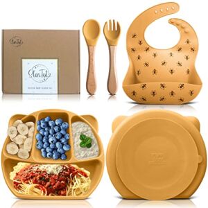 Baby feeding set | Suction plates for baby, Plate and utensils set for baby, Baby led weaning supplies, Baby plates with suction, Silicone bib, Silicone plates for baby