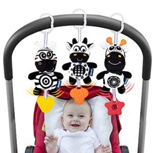 3 Pack Baby Car Seat Toys with Teethers, High Contrast Black & White Baby Hanging Toys for Stroller Carseat, Soft Plush Rattle Toy for Sensory Brain Development Newborn Baby Infant Toy 0 3 6 9 12 Mons
