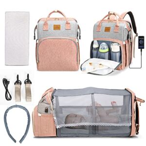 SIIMYY Baby Diaper Bag Backpack – 3 in 1 Large Capacity Diaper Bag with Changing Station, Foldable Baby Crib, Multifunctional Baby Bed for Boy and Girl (Pink and Grey)