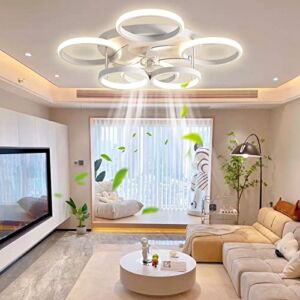 YOZLNFO 25″ Modern Ceiling Fan with Lights and Remote Control, Low Profile Fan Light with LED, Flush Mount , Dimmable 6 Speeds Wind Dimmable, Bladeless Ceiling Fan with Smart Timing ( White )