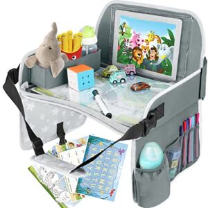 Kids Travel Tray，MENZOKE Car Seat Tray for Kids Travel Gifts with Educational Drawing Board，Tablet Holder & Cooler Cup Holder， Road Trip Essentials Kids for Toddler Car Trip, Airplane, Grey