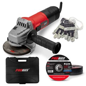 PROMAKER Angle Grinder 6.5-Amp 4-1/2 inch with Protection Googles, Pair of gloves, 25 cut off Wheels, Box, Power Grinders tool with two (2) extra Carbon brushes (115mm) 750W. PRO-ES750KIT.