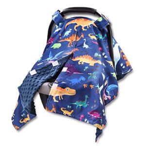 Hooyax Dinosaur Baby Car Seat Canopy Soft Minky Plush Dotted Backing Baby Car Seat Cover Breastfeeding Cover Nursing Cover for Baby Boys Girls