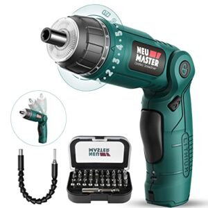 NEU MASTER Cordless Screwdriver, 4V Electric Screwdriver Rechargeable Power Screwdriver With Pivoting Handle, Front LED And Rear Flashlight，32pcs Bits，6+1 Torque Setting，2000 mAh Battery Screwdriver