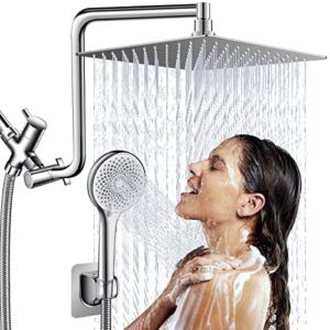 Shower Head High Pressure, 10″ Rain Shower Head with Handheld Combo, with Upgraded 12″ Adjustable Curved Shower Extension Arm, 4 Settings Handheld Shower Built-in Power Wash, Height/Angle Adjustable
