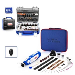 APEXFORGE 357Pcs Rotary Tool Accessories Kit + 12V Cordless Rotary Tool, Keyless Chuck, USB-C Charging, 110 Accessories, 2 Attachments, 2.0Ah Battery, Carry Bag, Ideal for Sanding, Carving, Drilling a