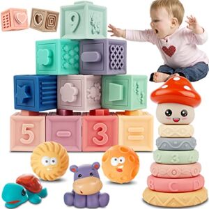 Baby Toys 6 to 12 Months | Montessori Toys for Babies 6-12 Months | 6 7 8 9 10 11 12 Month Old Baby Boy Girl Infant Teething Toys | Soft Baby Connecting Blocks & Baby Stacking Rings & Baby Bath Toys