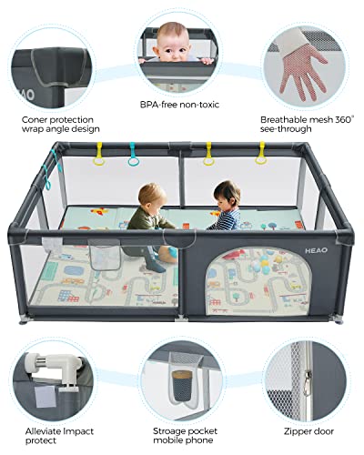 HEAO Baby Playpen with mat & stroage Bag 79×59″ Baby Playard with 30PCS Pit Balls-Sturdy Playard for Toddler Dark Grey | The Storepaperoomates Retail Market - Fast Affordable Shopping