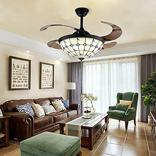 42″ Tiffany Style Ceiling Fan with Light, Retractable Blades LED Chandelier Fan, 3 Color 3 Speed Classic Ceiling Fans Lighting Fixture with Remote Control for Dining Living Room(Vintage Brown) | The Storepaperoomates Retail Market - Fast Affordable Shopping