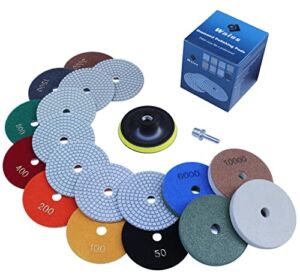 Waies 11 Packs 4 Inch Diamond Polishing Pads with 5/8″-11 Backer Pad 9 PCS Wet/Dry Polish Pad Kit for Drill Grinder Polisher 50-10000 Grit Pads for Marble Tile Quartz Granite Concrete Stone Countertop