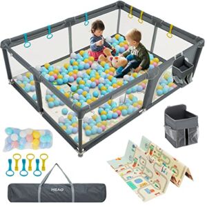 HEAO Baby Playpen with mat & stroage Bag 79×59″ Baby Playard with 30PCS Pit Balls-Sturdy Playard for Toddler Dark Grey