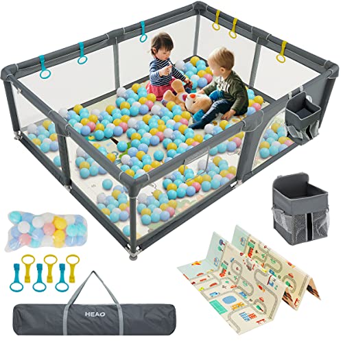 HEAO Baby Playpen with mat & stroage Bag 79×59″ Baby Playard with 30PCS Pit Balls-Sturdy Playard for Toddler Dark Grey | The Storepaperoomates Retail Market - Fast Affordable Shopping
