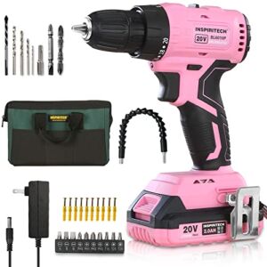 INSPIRITECH Cordless Brushless Drill Set – 20V Power Drill Kit with 2.0Ah Battery and Charger -3/8-Inch Keyless Chuck-Variable Speed,21 Torque Setting,Bits Set and Tool Bag Included