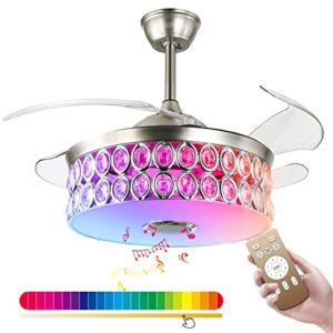Modern Indoor Chandelier 42” Ceiling Fan Light RGB Color Dimmable, Retractable Ceiling Fan with Light APP Remote Bluetooth Speaker, Fandelier for Bedroom Living Room, Silver