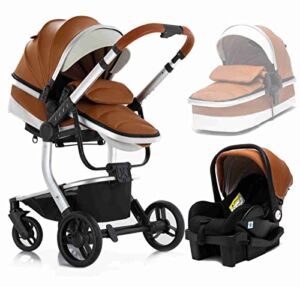 Coches para Bebes Carseat Stroller Combos with Base Luxury PU Leather Baby Stroller Combo Coches para Bebes 3 En 1 Baby Stroller (Color : Brown)