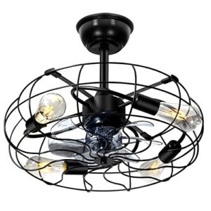 Caged Ceiling Fan with Lights, Dexnump 20” Low Profile Ceiling Fan Light With Remote and APP Control, 6 Speeds Flush Mount Industrial Ceiling Fan Light for Bedroom, Living Room, Garage