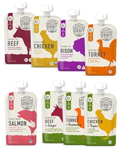 Serenity Kids 6+ Months Protein Sampler Baby Food Pouches Bundle | Beef, Bison, Chicken, Turkey, Salmon (20 Count)