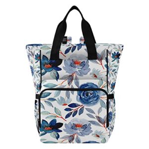 Blue Floral Watercolor Diaper Bag Backpack Large Capacity Baby Bag Durable Backpack Diaper Bags with Insulated & Pockets Stroller Straps for Girls Mom Outdoor