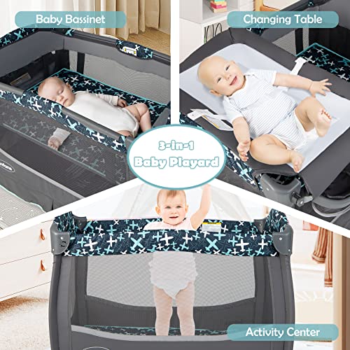 INFANS Baby Pack and Play, Portable Nursery Center with Bassinet Crib Mattress, Changing Table, Infant Foldable Playard with Removable Canopy, Lockable Wheels, Glowing Music Box, Storage Bag (Blue) | The Storepaperoomates Retail Market - Fast Affordable Shopping