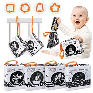 TUMAMA High Contrast Baby Toys 4 Packs, Black and White Baby Book with 4 Hangingring, Newborn Toys with Crinkly Sound, Squeaky Toy in The Center of Each Baby Book, Soft Baby Book for 3 Months Up