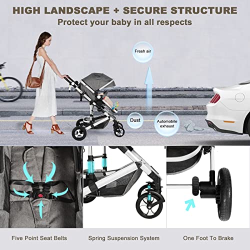 Kinder King 3 in 1 Reversible Baby Stroller w/Detachable Tray, Convert to Newborn Bassinet Pram, Folding Infant Carriage for Toddler, Adjustable Canopy & Handle, Aluminum Alloy, Suspension Wheels | The Storepaperoomates Retail Market - Fast Affordable Shopping