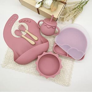 Silicone Baby Feeding Set 6 Pack Suction Divided Plate, Bowl, Adjustable Bib, Drinking Cup with a lid (Bonus lid Included to Make it a Snack Cup) and Utensils (Rainbow and Sun Set (Dark Pink)