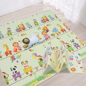 Baby Play Mat, Large Folding Non-Toxic Foam Playmat Crawling Mat for Floor, Waterproof 0.6 in Reversible Kids Play Mat for Infants, Toddler, Indoor Outdoor Use, Animal Train