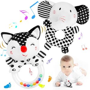 FPVERA Baby Rattles 0-6 Months: Soft Rattles for Babies 0-6 Months Newborn Sensory Toys, High Contrast Black and White Baby Toys 0-3 Months Plush Rattle Toy for Infant Boys Girls Shower Gift, 2PCS