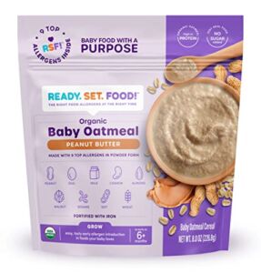 Ready, Set, Food! Organic Baby Oatmeal Cereal | Peanut Butter – 15 Servings | Organic Baby Food with 9 Top Allergens: Peanut, Egg, Milk, Cashew, Almond, Walnut, Sesame, Soy & Wheat | Unsweetened | Fortified with Iron…